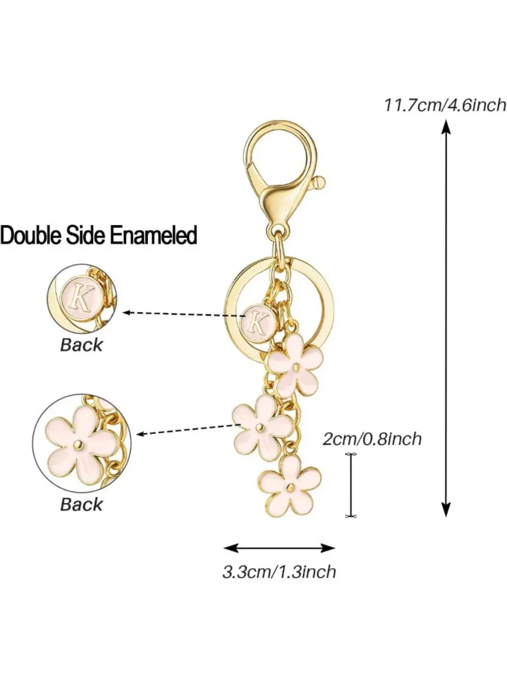 Cute Initial Keychain for Girls - White Pink Black Purse Charm & Flower Keyring